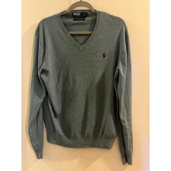 Polo By‎ Ralph Lauren Pullover Sweater Men L Grey Long Sleeve V-Neck Pima Cotton
