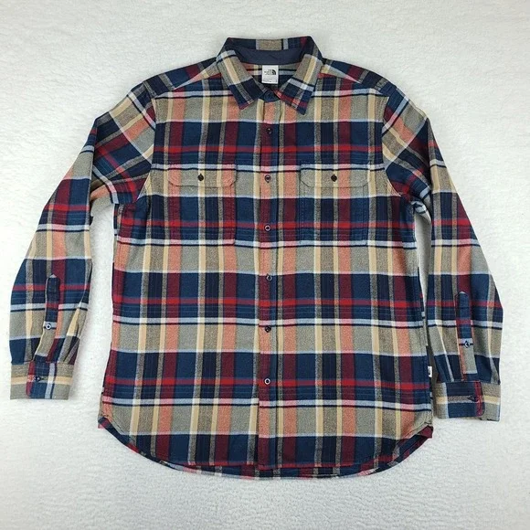 The North Face Shirt Mens XL Blue Beige Red Plaid Cotton Flannel Button Up‎