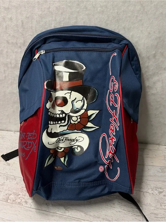 Don Ed Hardy Skull Top Hat Backpack Y2K Blue Red Retro 14