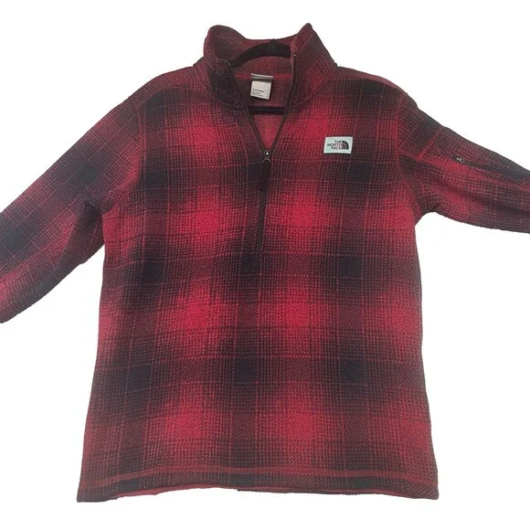 The North Face Plaid Quarter Zip Fleece Pullover Jacket Red Black Mens Small