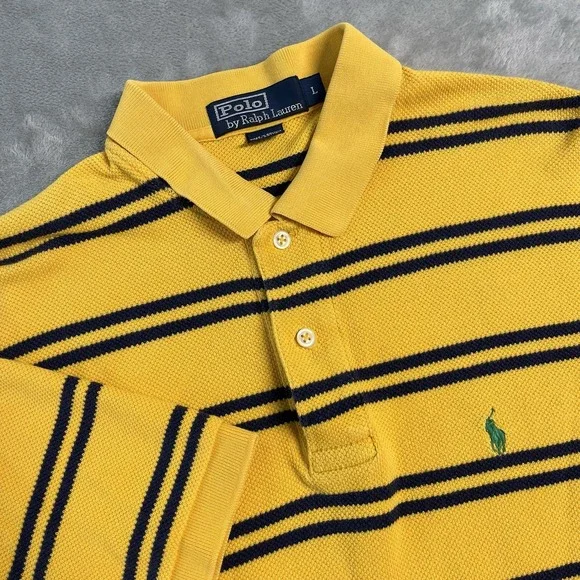 Vintage Polo Ralph Lauren Striped Polo Shirt Mens Large Yellow Logo Cotton EUC