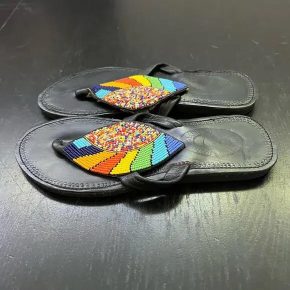 Beaded Leather Sandals from Mexico - 39 (8.5)‎