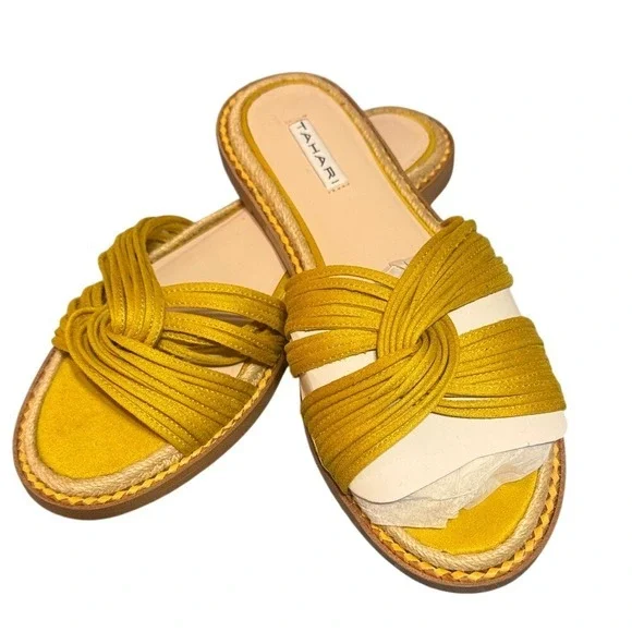 Tahari Cailyn‎ Mustard Yellow Knotted Multi Strap Flat Slide Sandals Size 9.5