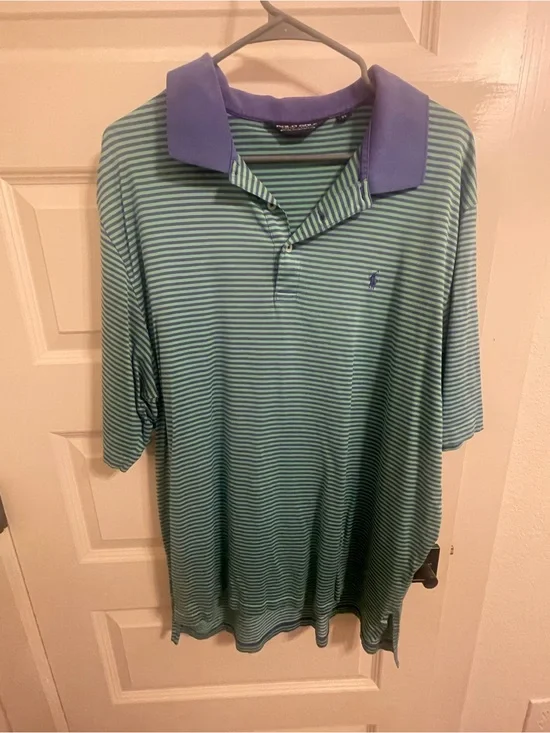 Ralph Lauren Green Striped Polo with Purple Collar