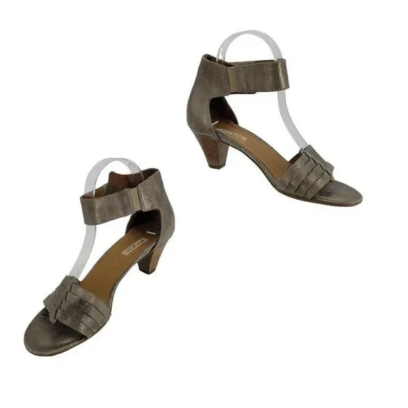 Paul Green Sandals 8 Heeled Leather Handmade Metallic Open‎ Toe Ankle Strap