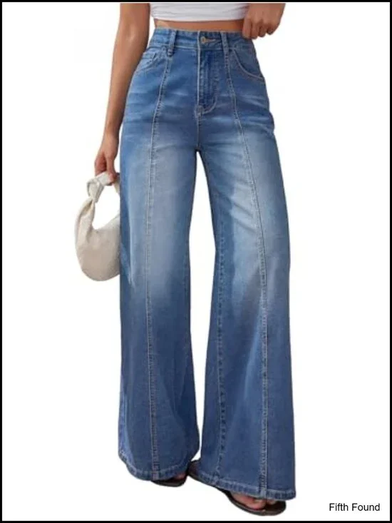Wide Leg Baggy Jeans High Waisted Front Seam Denim Pants