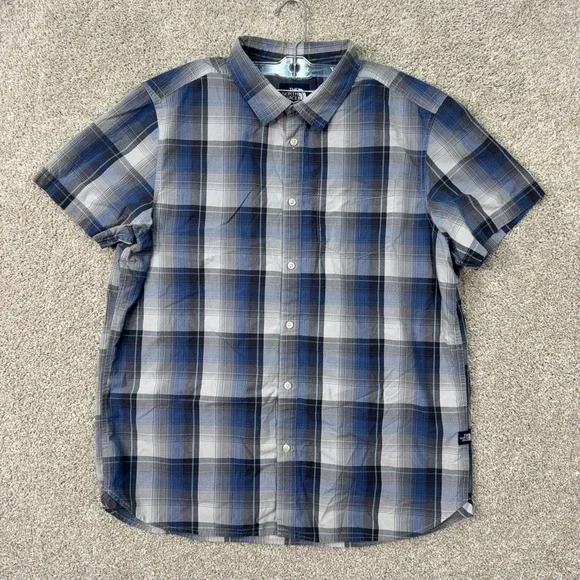 The North Face Button Down Shirt Men XL Blue Plaid Short Sleeve Casual Outdoor
