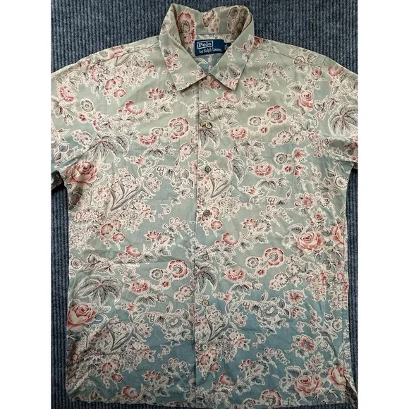 Polo Ralph Lauren Shirt Mens Medium Blue Floral Roses Short Sleeve Button Up VTG