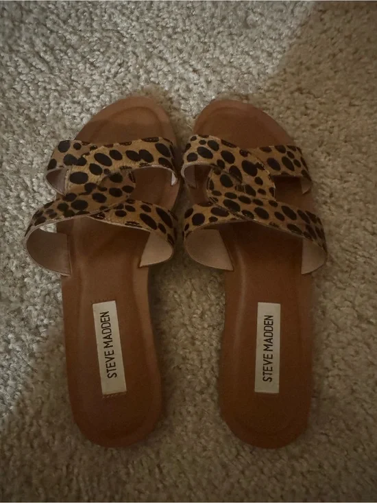 Steve Madden Leopard Print Slide Sandals - Tan and Black