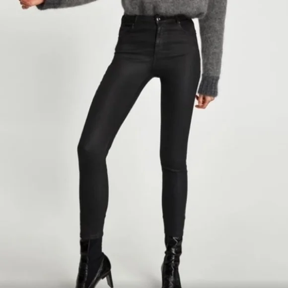 Zara Woman Whimsigoth Baddie Moto Black Coated Slim Fit Skinny Jeans Size 8