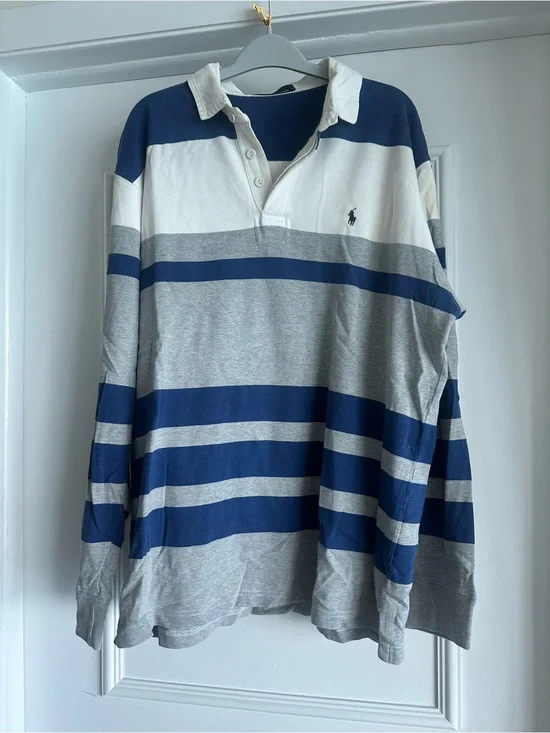 Vintage 1990’s Men’s Ralph Lauren Blue, Gray & White Striped Rugby Shirt