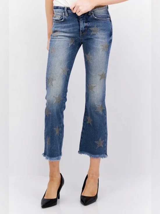 NWT P Jean Christie Celestial Chain Star Kick Crop Flare Jeans Sz 26