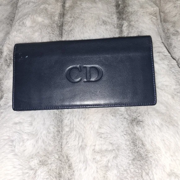 EUC Dior Authentic‎ CD Bifold Navy With Red Leather Long Wallet