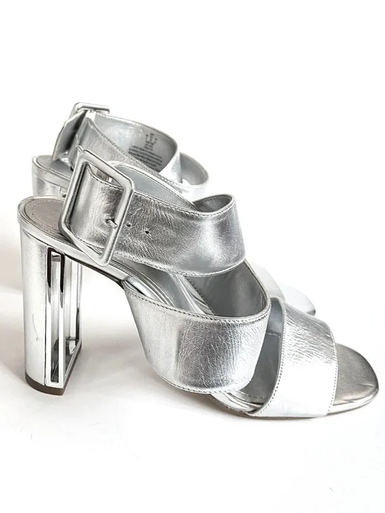 DKNY Women's Silver Metallic Leather Strappy Block Heeled Sandals Size: 9M