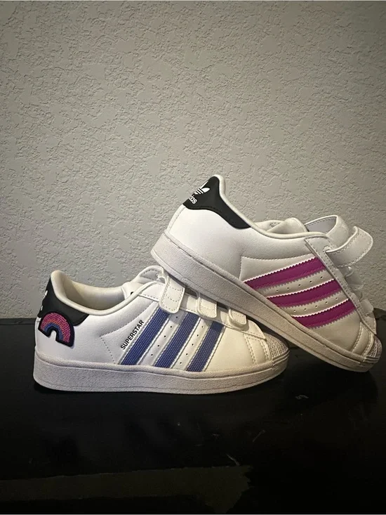 adidas Kids White Sneakers with Pink & purple Stripes