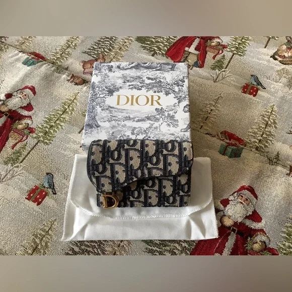 Dior Navy & Beige Oblique Canvas Mini Wallet with Gold 'D' Accent