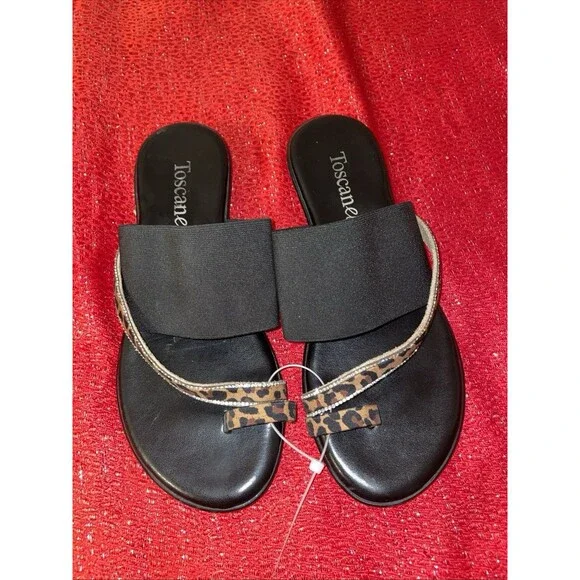 Toscanella Women's Black Brown Animal Print Rhinestone Thong Sandals Slip-On 7