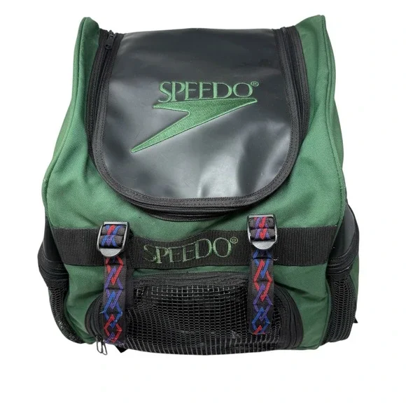 Vintage Speedo Large green Backpack Book Bag Swim Bag Sports 1990s Tribal Straps