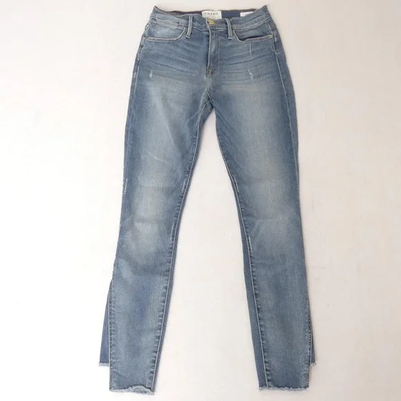 Frame Le High Skinny‎ Jeans Womens 26 Blue Brummel Distressed Raw Hem Made USA