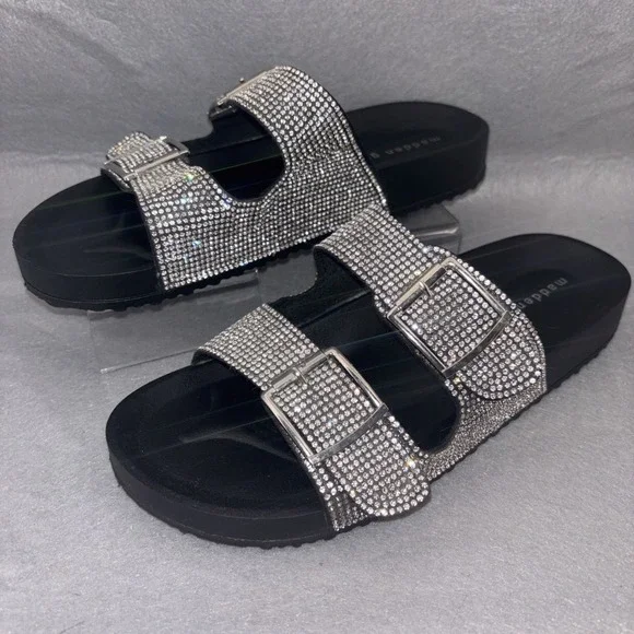 Madden Girl Women's Teddy-R Rhinestone and Black Footbed Sandals, Size 9 NWOB