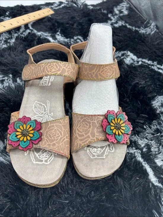 L'Artiste by Spring Step genuine leather cuteness flower wedge sandal shoes 38