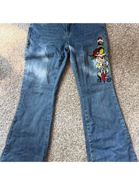 Ed Hardy Denim True Love Tattoo Graphic Flare Jeans Size 30