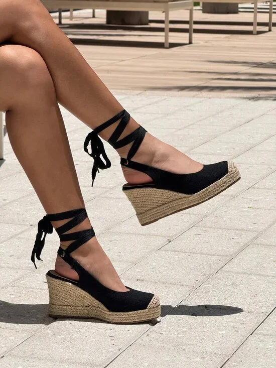 New Black Platform Wedge Heel Espadrille Raffia Boho Sandals Slingback Lace-Up