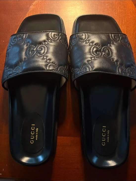 Gucci Black Embossed Logo Slide Sandals