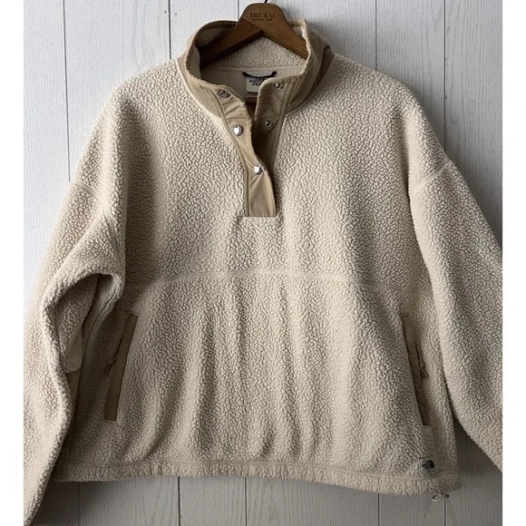 VINTAGE North Face Cragmont Pullover Jacket Deep Pile Fleece T Snap LARGE CREAM