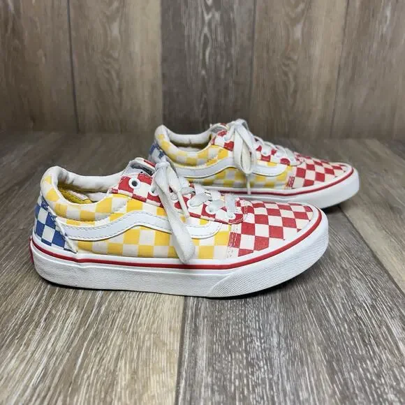 Vans Off The Wall Youth US Size 1 Red Yellow Blue Checkerboard Shoes Old Skool