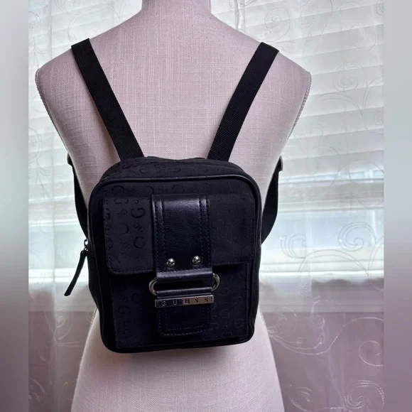 Guess Black Monogram Canvas Crossbody w/Silvertone Logo Buckle