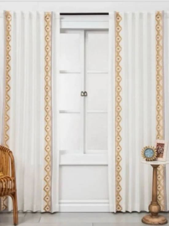 White Curtain Panel with Mustard Embroidered Border - Opalhouse for Target 96”