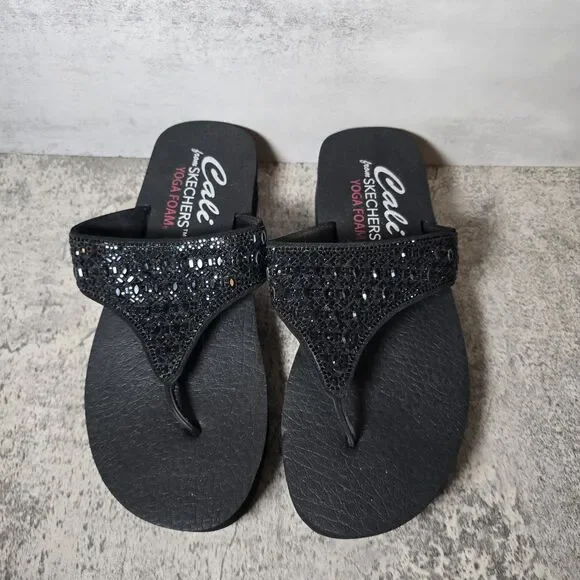 Skechers Women's Cali Vinyasa Flow Black Wedge Sandals - Size 9.5 Glitter