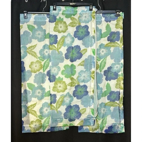 Vintage 70s Floral Sheer Lined Window Curtain Set of 3 Blue Green Mod Floral MCM