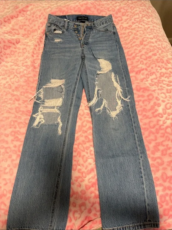 Aeropostale Light Blue Distressed Wide-Leg Jeans