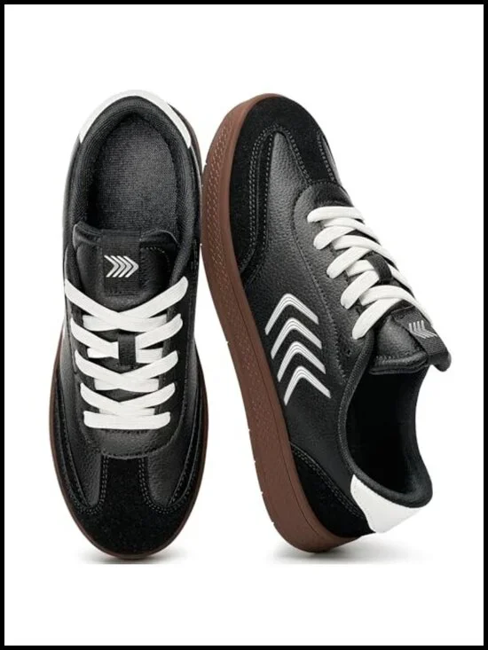 Retro Patchwork Leather Sneakers - Cushioned Lace Up Walking Shoes