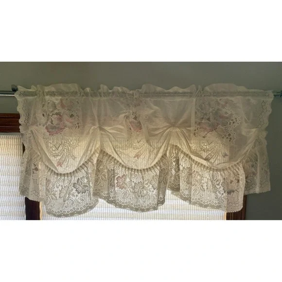 Vintage Ivory Lace Window Valance Pink Floral Satin Swag Cottage Shabby Chic 1