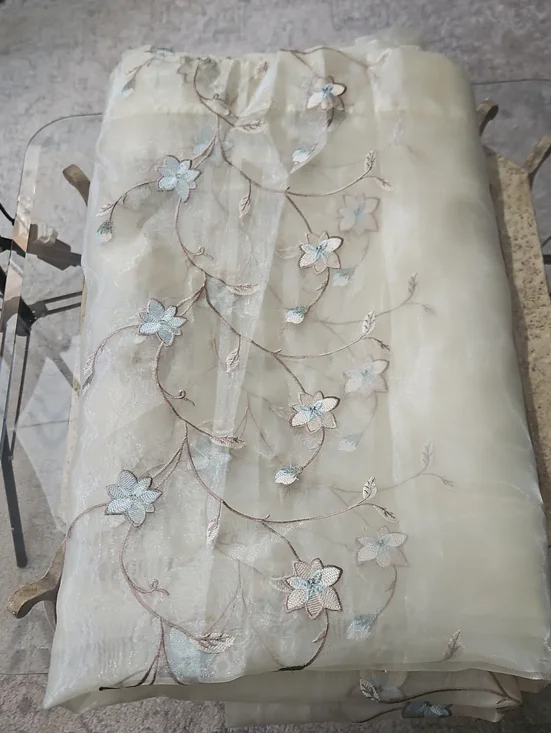 Pair Of 2 Champagne Sheer Embroidered Floral Curtain Panels  84