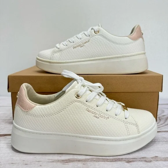 Renato Garini Italy Classic Comfort White Snake Pink Croco Platform Sneakers