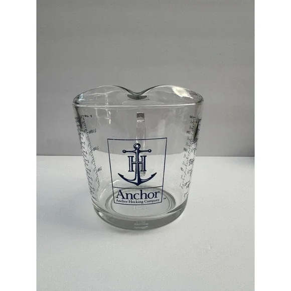 Vintage Anchor Hocking Blue Lettering 4-Cup Glass Measuring Cup 32 Oz- 1 Quart
