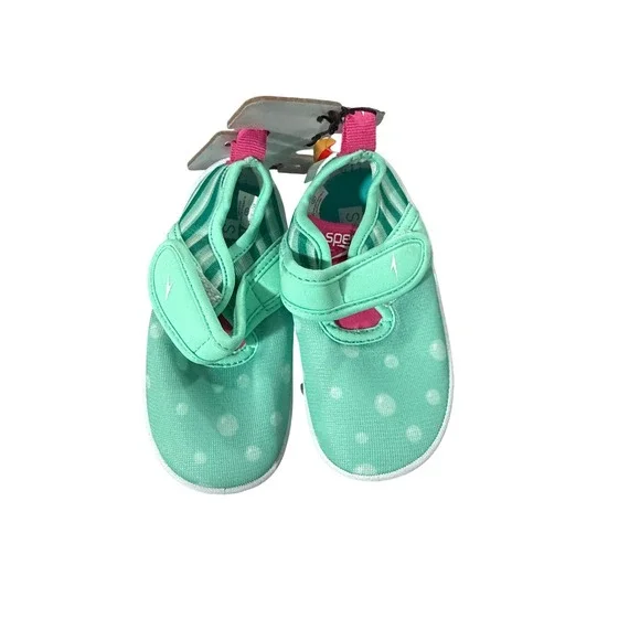 Speedo Kids Teal Polka Dot Water Shoes‎ Aqua Socks Pink Accents Size S 5-6