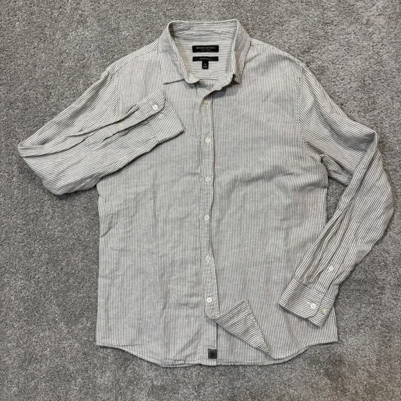 Banana Republic Mens Untucked Slim Fit Linen Cotton Striped Shirt Tan White M