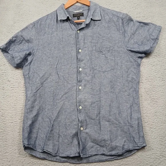 Banana Republic Men's Large Linen Slim Fit Short‎ Sleeve Button-Up Shirt Blue
