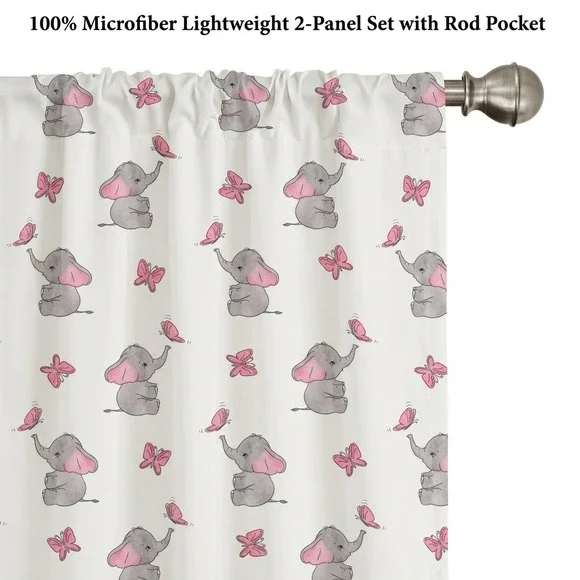 Ambesonne Elephant Nursery Curtains 2 Panel Set 56x95 Pink Butterfly Microfiber