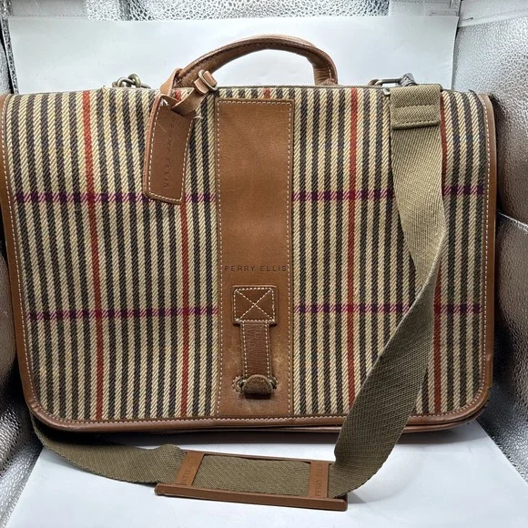 Perry Ellis Vintage Canvas & Leather Briefcase Laptop Bag Y2K