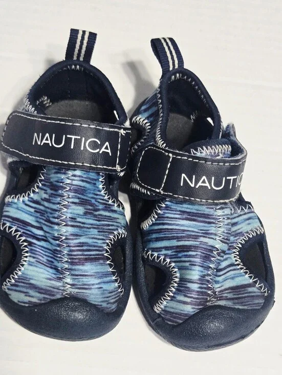 Nautica Toddler Water Sandals Size 3 Blue Wave Print Hook & Loop Beach Swim Shoe