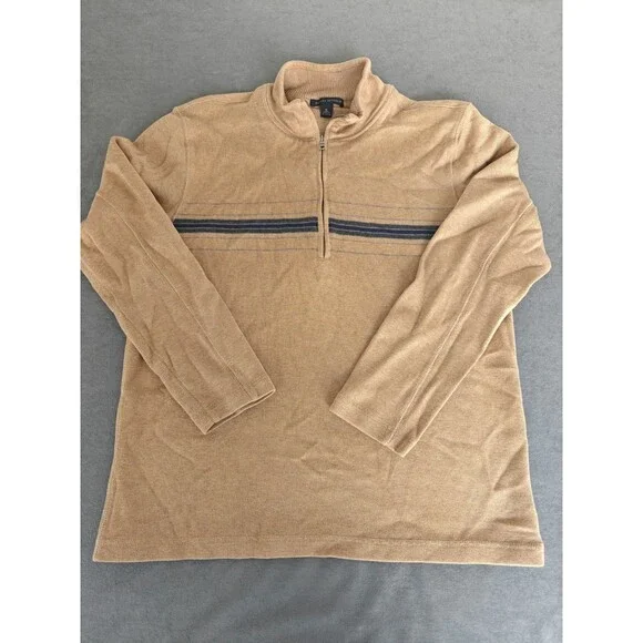 Banana Republic Mens Medium 1/4 Zip Sweater Tan Cotton Knit Pullover Mock Neck