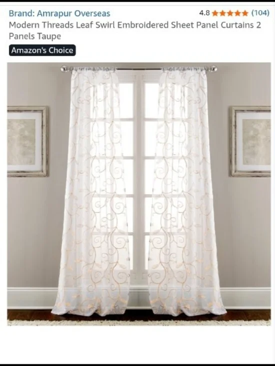 Taupe Leaf Swirl Embroidered Sheer Curtain Panel X4 NWOT