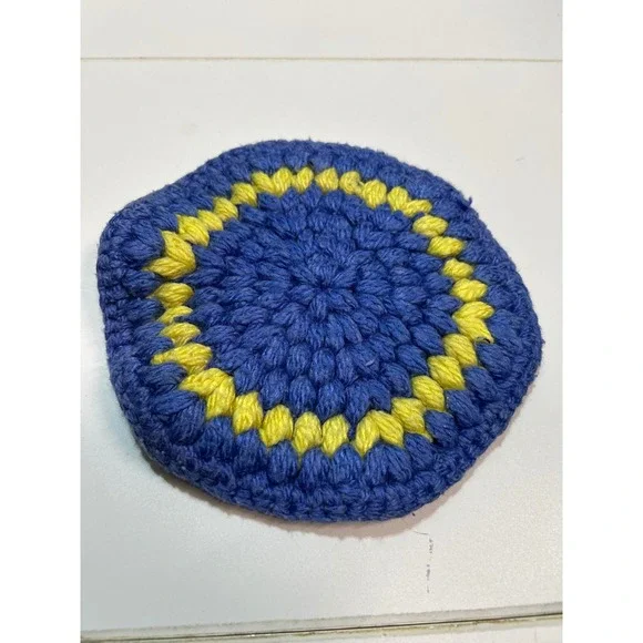 Handmade Crochet Coaster‎ Blue Yellow Round Mug Mat Drinkware Accessory