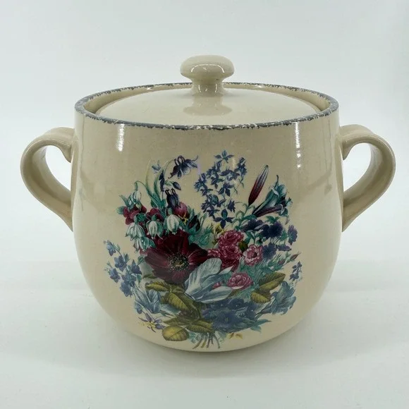Home & Garden Party Bean Pot Floral Stoneware Cream Lidded Crock 2005